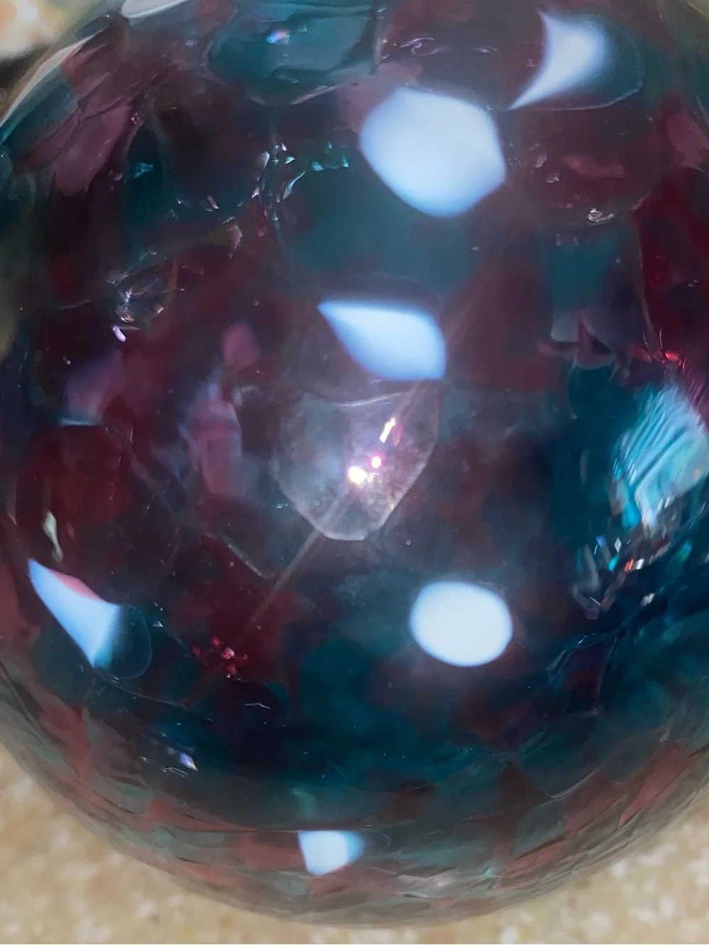 Handblown Glass Decorative Sphere in Teal and Burgundy by “Canadian Glass Blower